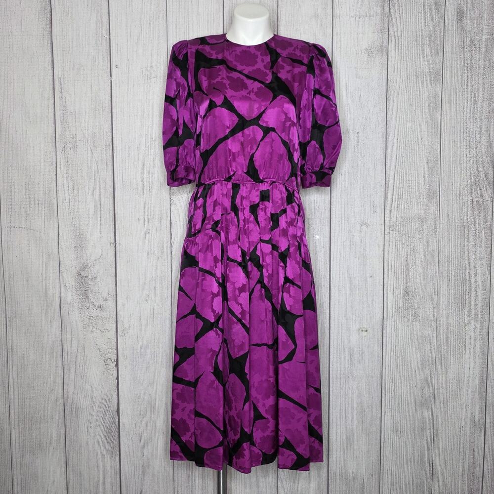 VTG 80s Adrianna Papell 100% Silk Fuchsia Black Floral Midi Dress Sz 6
